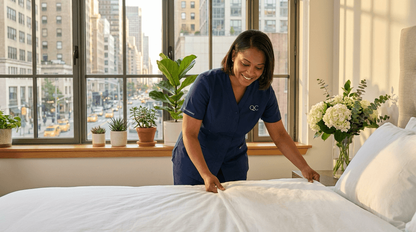 Caribbean professional cleaning a bright NYC apartment